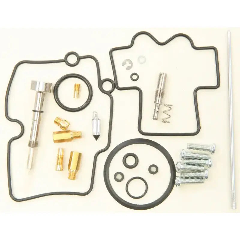 Bike carburetor rebuild kit 26-1455 from All Balls Racing with various gaskets, screws, o-rings, and metal components for high ethanol resistance and performance tuning.
