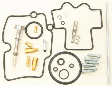 Bike carburetor rebuild kit 26-1455 from All Balls Racing with various gaskets, screws, o-rings, and metal components for high ethanol resistance and performance tuning.