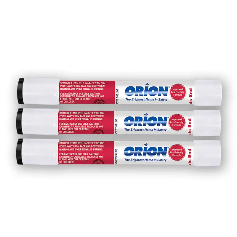 Three 265 Orion Red Hand Held Flares with white caps and red and white labels, displaying safety instructions and the Orion brand logo.