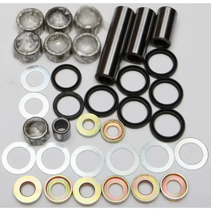 Automotive suspension bushing and bolt kit with swingarm linkage bearing for repair