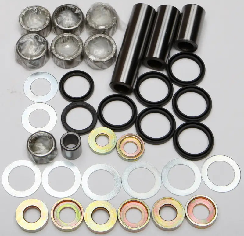 Automotive suspension bushing and bolt kit with swingarm linkage bearing for repair