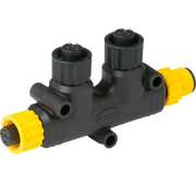 Black and yellow Ancor Nmea 2000 Two Way Tee Connector for marine electronics integration.
