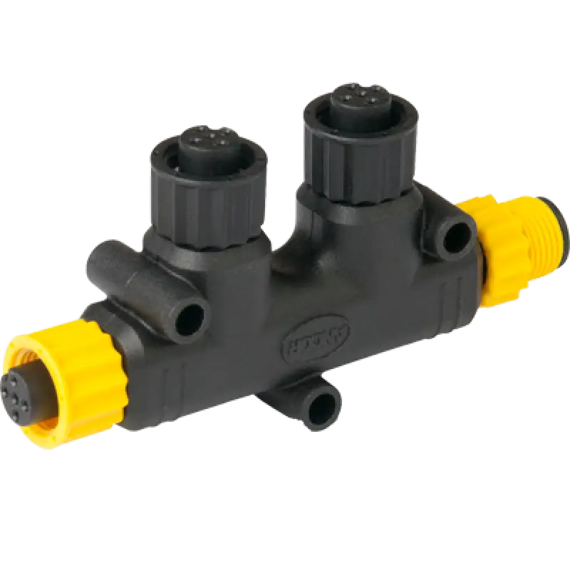 Black and yellow Ancor Nmea 2000 Two Way Tee Connector for marine electronics integration.