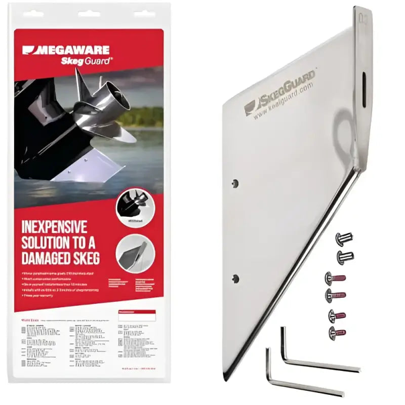 27061 Keelguard Skegguard for Select Mariner Models with packaging, Skegguard plate, installation hardware, and tools.