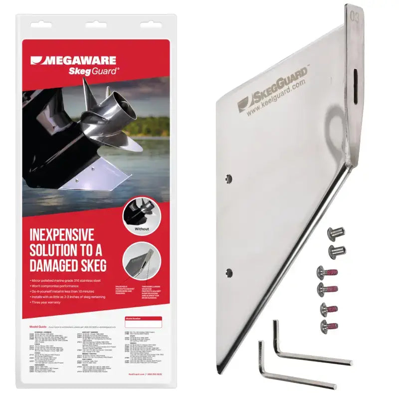 Megaware SkegGuard package containing the 27331 Keelguard Skegguard for select Yamaha outboard models, shown with installation hardware.