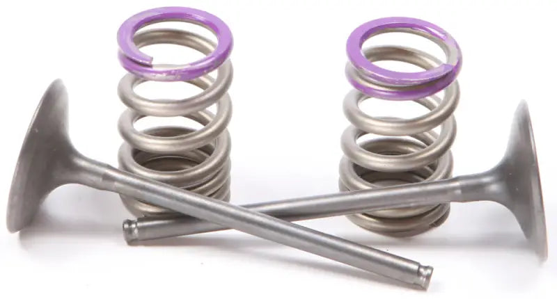 Engine valves and springs with purple keepers in steel intake valve set for stronger valve springs