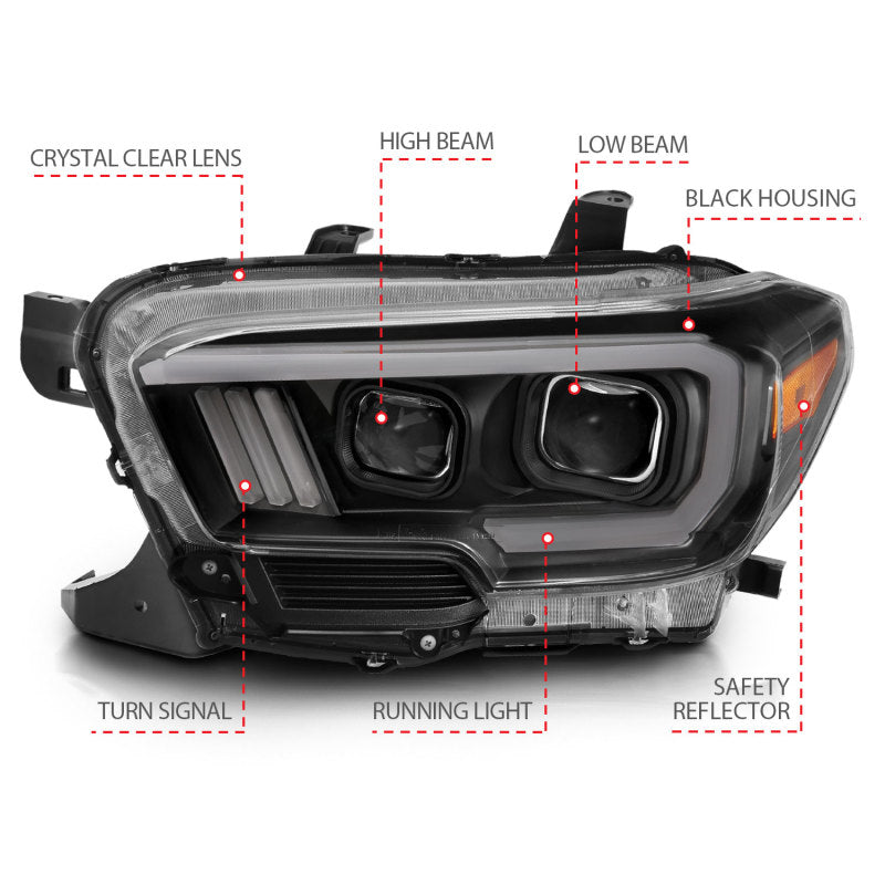 ANZO 111396 ANZO 2016-2017 Toyota Tacoma Projector Headlights w/ Plank Style Switchback Black w/ Amber