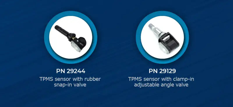Two tire pressure monitoring sensors for Schrader Aluminium Clamp-In systems