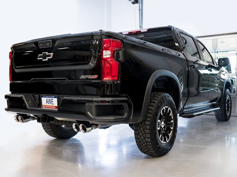 AWE Tuning 3015-42284 AWE Tuning 22-23 GMC Sierra 1500 AT4X 6.2L 0FG Catback Split Dual (Flat Bumper) - Chrome Silver Tips