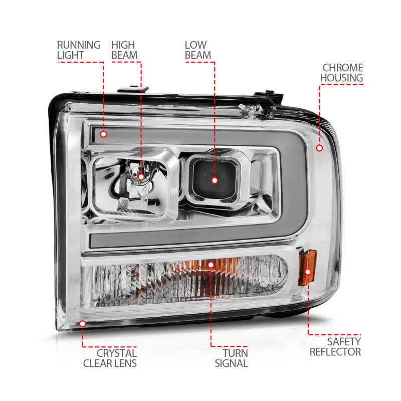 ANZO 111552 ANZO 99-04 Ford F250/F350/F450/Excursion (excl 99) Projector Headlights - w/Light Bar Chrome Housing