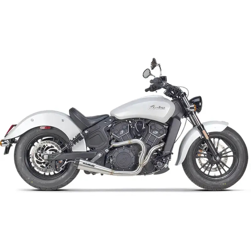 White Indian Scout motorcycle with 2in1 Indian exhaust stainless upgrade