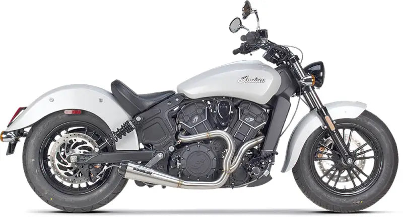 White Indian Scout motorcycle with 2in1 Indian exhaust stainless upgrade