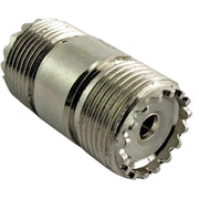 Silver-colored threaded coaxial adapter for PL258 barrel connector and barrel connector systems