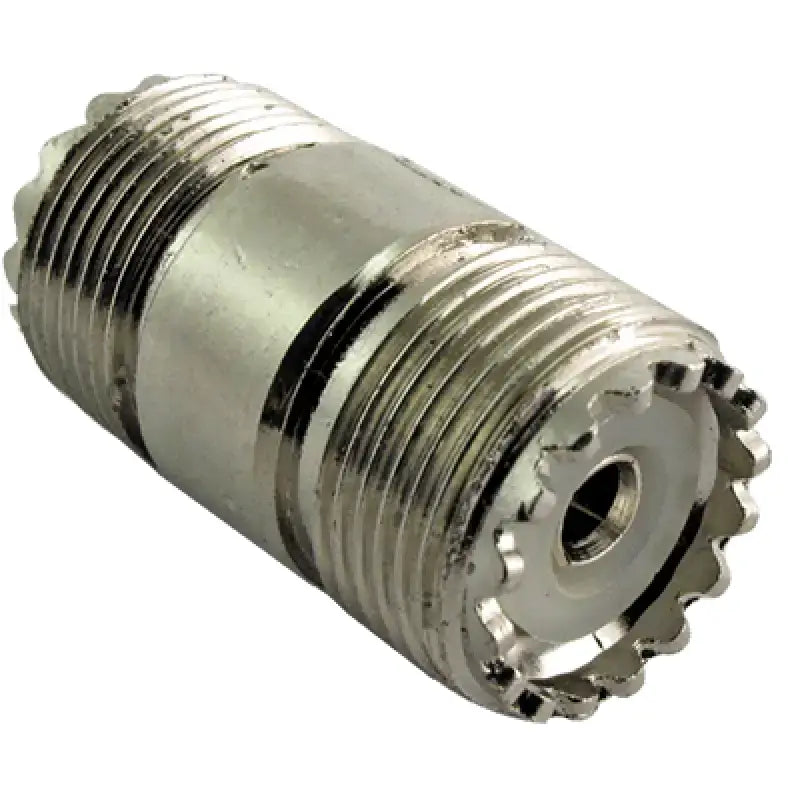 Silver-colored threaded coaxial adapter for PL258 barrel connector and barrel connector systems