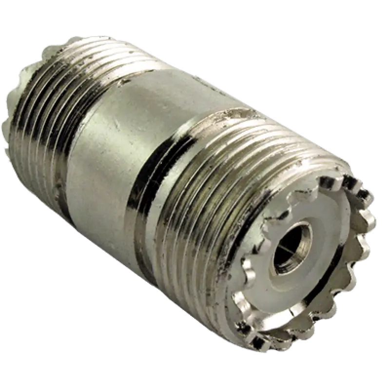 Silver-colored threaded coaxial adapter for PL258 barrel connector and barrel connector systems