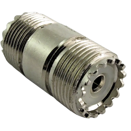 Silver-colored threaded coaxial adapter for PL258 barrel connector and barrel connector systems