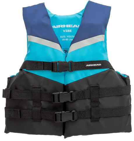 Airhead Vibe 3-Buckle Life Vest in blue and black, designed for youth, ensures safety and comfort for water sports.