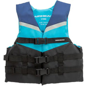Airhead Vibe 3-Buckle Life Vest in blue and black, designed for youth, ensures safety and comfort for water sports.