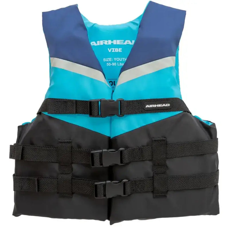 Airhead Vibe 3-Buckle Life Vest in blue and black, designed for youth, ensures safety and comfort for water sports.