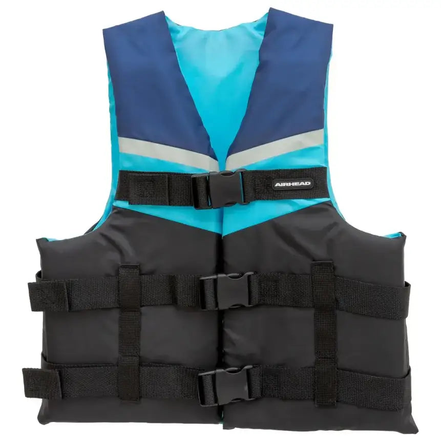 Airhead Vibe 3-Buckle Life Vest - S in black and gray with adjustable straps for secure fit.