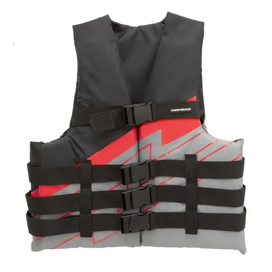 Airhead Bolt 4-Buckle Life Vest in Small, black and red design, for maximum safety and comfort on the water
