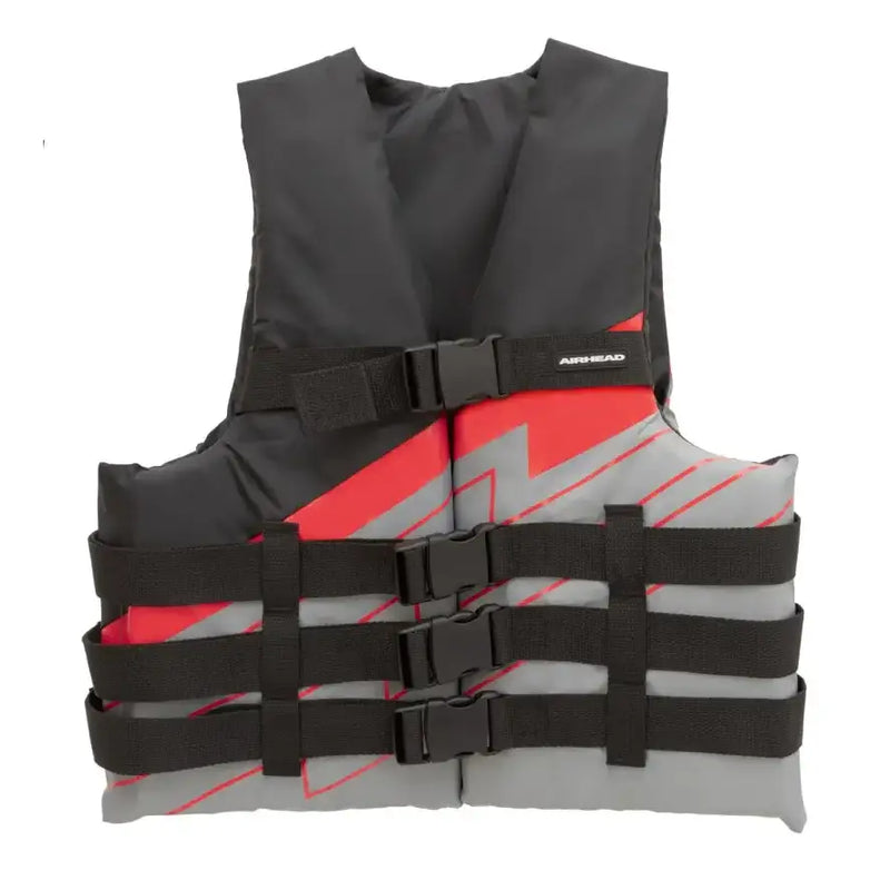 Airhead Bolt 4-Buckle Life Vest for Large Individuals, Black and Red, Durable for Water Sports.