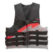 Airhead Bolt 4-Buckle Life Vest in black, red, and gray for water sports safety.