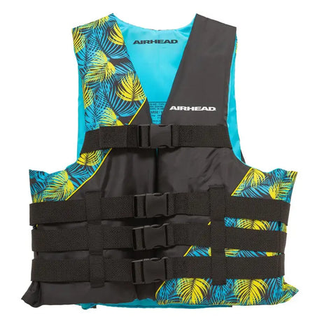 Black and blue Tropic 2XL/3XL Airhead life vest with palm leaf pattern for water fun