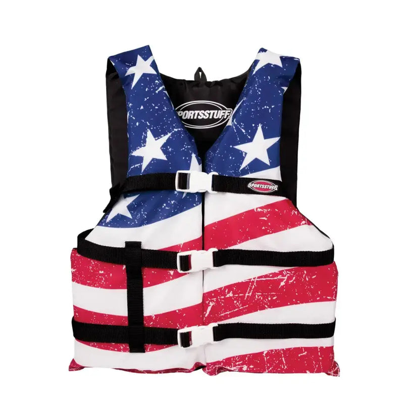 Airhead General Purpose Life Vest with American flag design, durable straps, and "SPORTSSTUFF" branding
