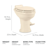 Ivory-colored Dometic toilet permanent with pedal flush control and dimensions