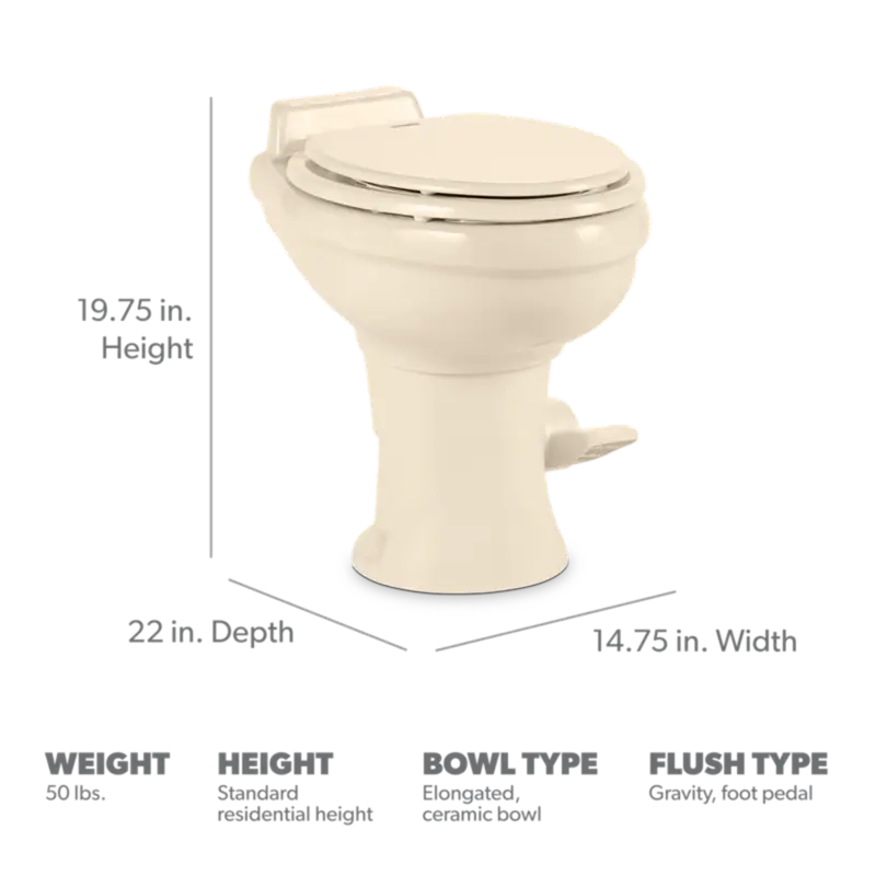Ivory-colored Dometic toilet permanent with pedal flush control and dimensions