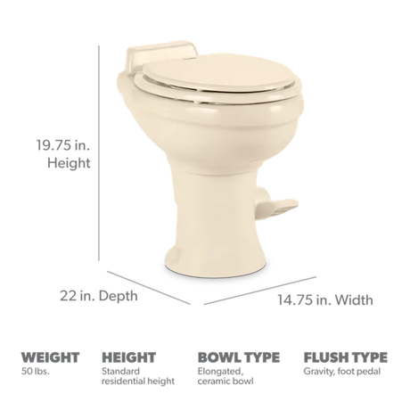 Ivory-colored Dometic toilet permanent with pedal flush control and dimensions