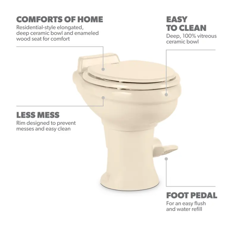 Beige Dometic Toilet with pedal flush control for permanent use