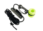 Black rope, cleat, clip, and green float for downrigger weight retriever demo