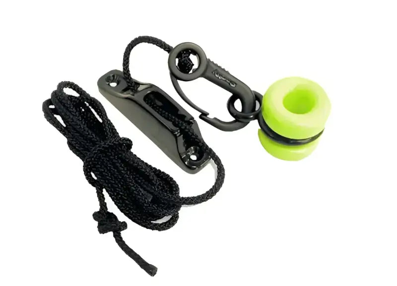 Black rope, cleat, clip, and green float for downrigger weight retriever demo