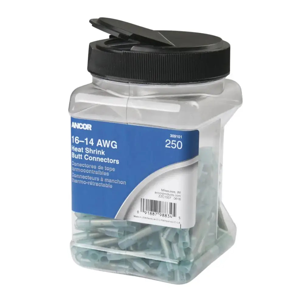 Container of 250 Ancor Heat Shrink Butt Connectors 16-14 AWG (309101) with heat-activated adhesive for secure and durable electrical connections.