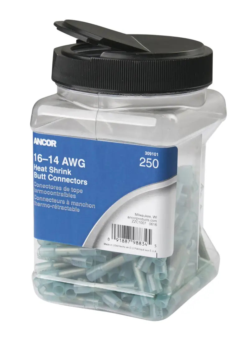 Container of 250 Ancor Heat Shrink Butt Connectors 16-14 AWG (309101) with heat-activated adhesive for secure and durable electrical connections.