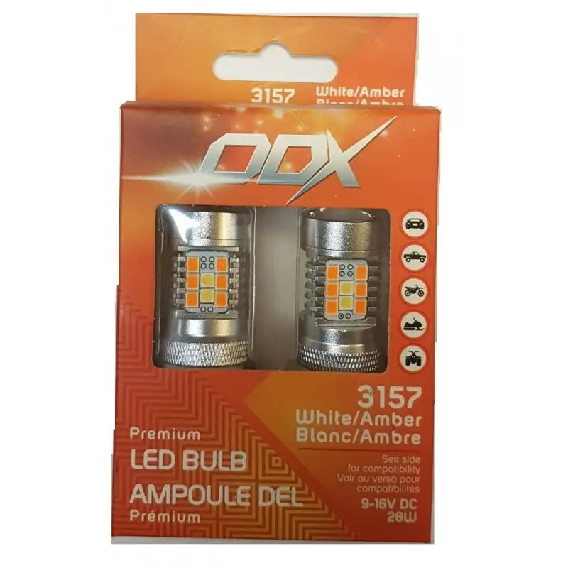 Boxed LED bulbs from the 3157SWB-A ODX Switchback Series Minibulb for easy upgrade