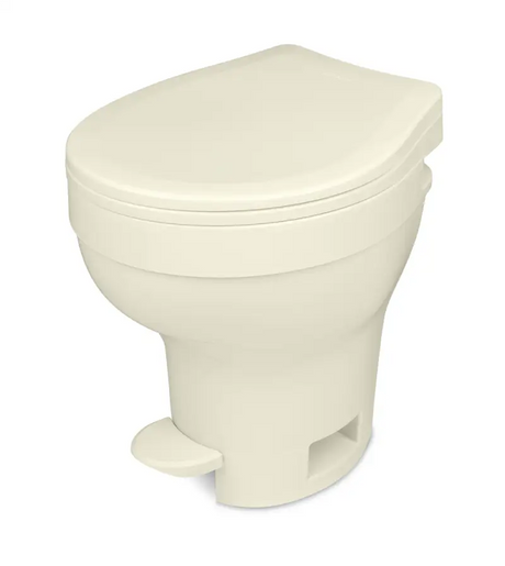 Beige Thetford Amvi marine toilet with foot pedal for easy installation in bathroom decor