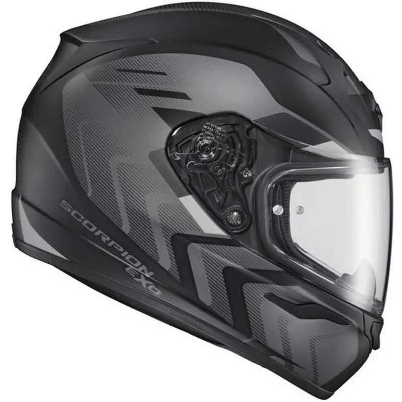 Matte black Scorpion Exo Exo-R320 full-faced helmet with clear visor and grey graphics