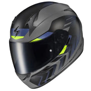 Matte black and grey Scorpion Exo Exo-R320 full-faced helmet with yellow blue accents