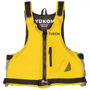 Yellow Airhead Yukon Base Paddle/Angler Vest for youth, front view with zipper, black straps, and mesh pocket for safety and comfort in paddling or angling.