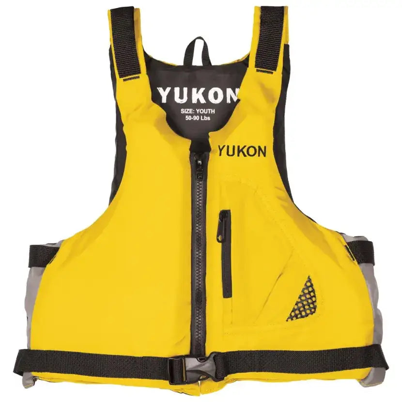 Yellow Airhead Yukon Base Paddle/Angler Vest for youth, front view with zipper, black straps, and mesh pocket for safety and comfort in paddling or angling.