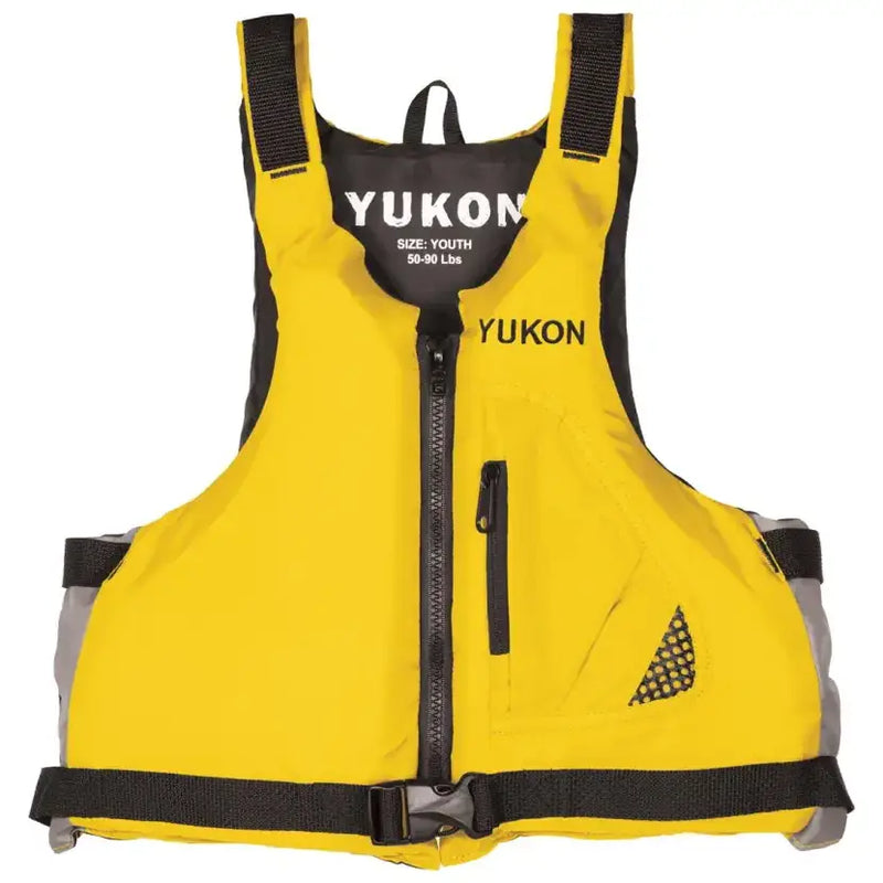 Yellow Airhead Yukon Base Paddle/Angler Vest for youth, front view with zipper, black straps, and mesh pocket for safety and comfort in paddling or angling.