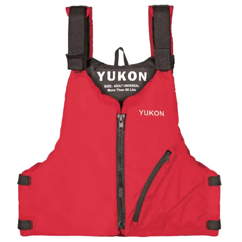 Red Airhead Yukon Base Paddle/Angler Vest, 33004-15-A-DR, front view with front zipper and adjustable black straps, ideal for water safety during paddling and angling activities.