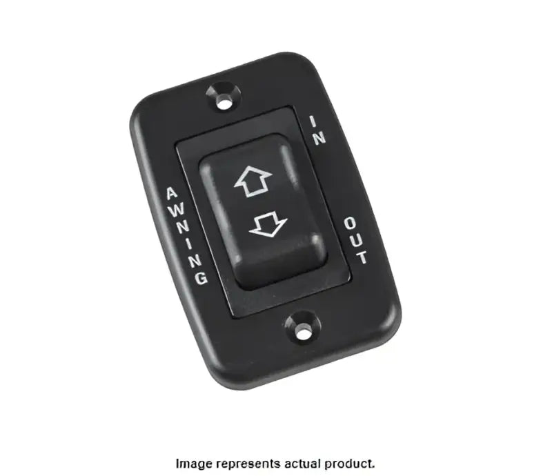 Dometic S Switch Pwr Patio-12 Pk - Black power switch for patio equipment, features "AWNING IN/OUT" text and directional arrows.