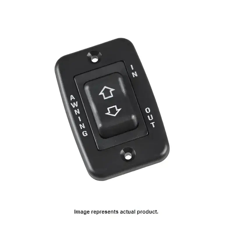 Dometic S Switch Pwr Patio-12 Pk - Black power switch for patio equipment, features "AWNING IN/OUT" text and directional arrows.