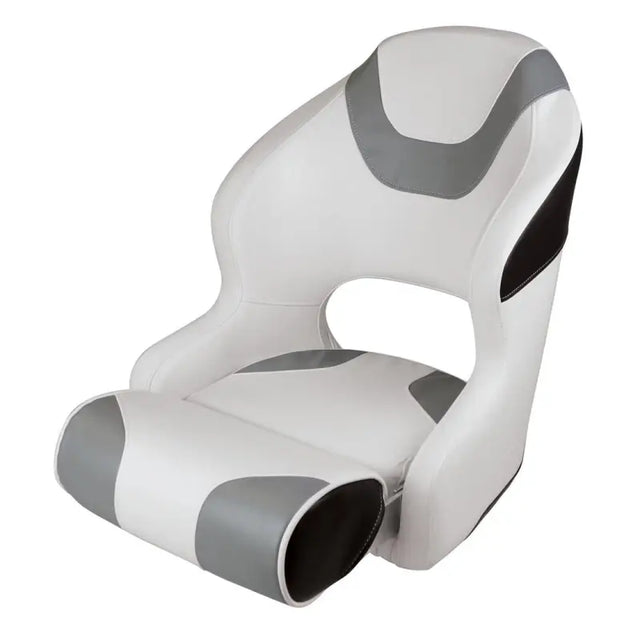 Wise Seating Baja Bucket Seat with Flip Up Bolster, 3315-1782, sleek black and gray design, bucket seat for comfort, adjustable bolster, marine-grade construction, UV and water-resistant, ideal for boating enthusiasts.