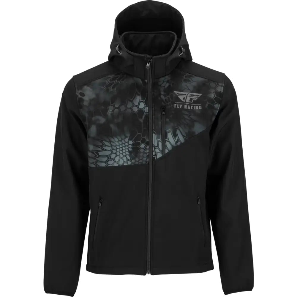 Black hooded checkpoint jacket with camouflage pattern and cinch-cord adjustment 354-63852x