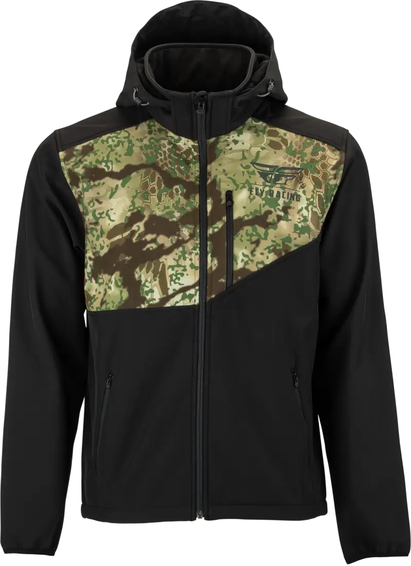 Black and camouflage checkpoint jacket with cinch-cord adjustment, 354-6386S design